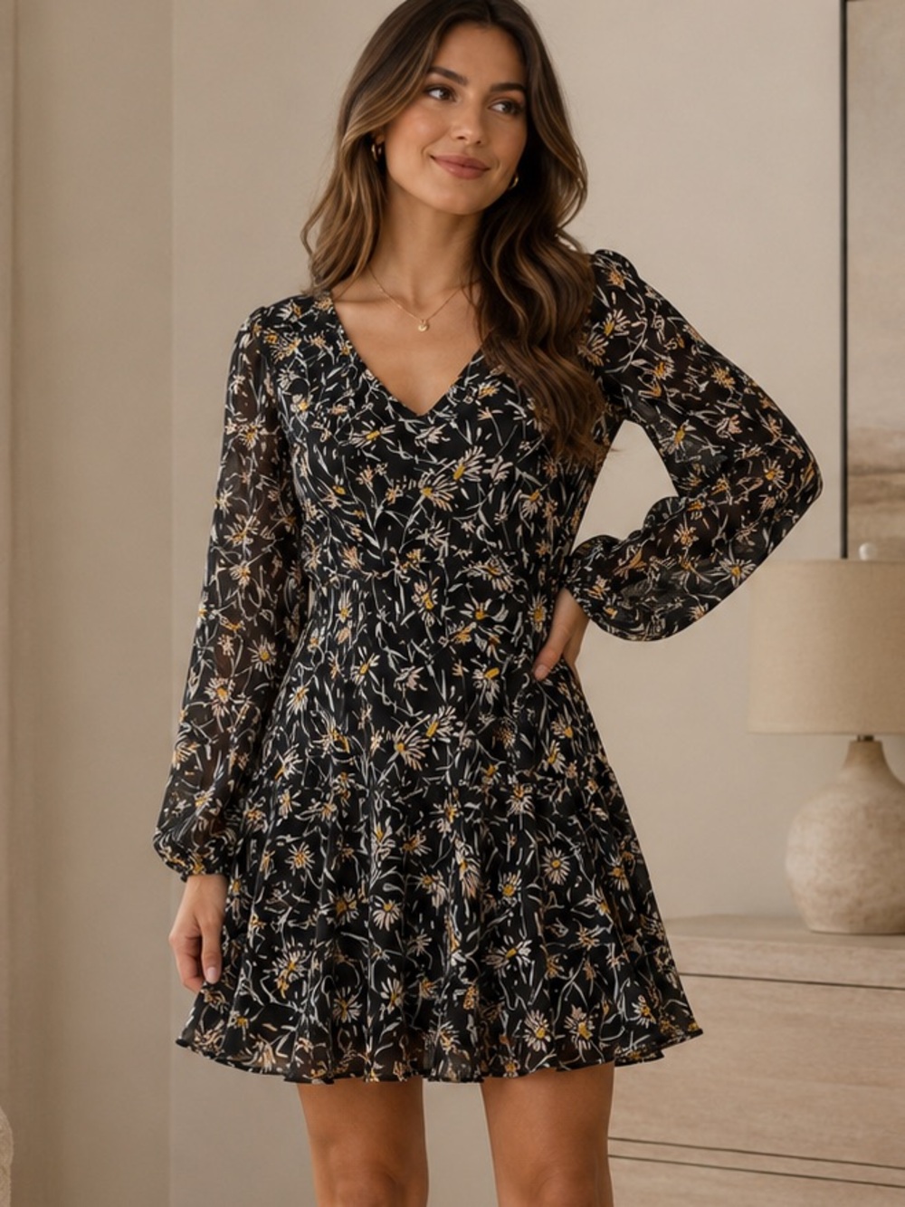 Urban Outfitters Kimchi Blue Black Floral Long Sleeve Dress